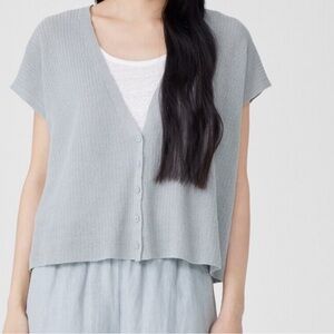 Eileen Fisher Pale Blue Short Sleeve Button-Front Knit Top